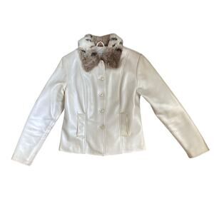 BB Dakota Faux Leather Jacket M White Fur Collar Winter Coat Flawed Distressed